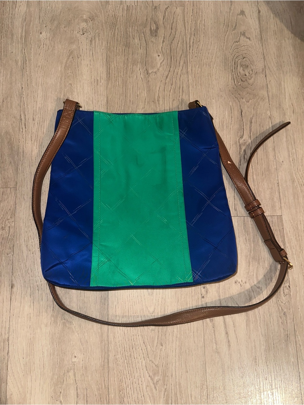 Vera Bradley Blue and Green Colorblock Crossbody with Brown Strap